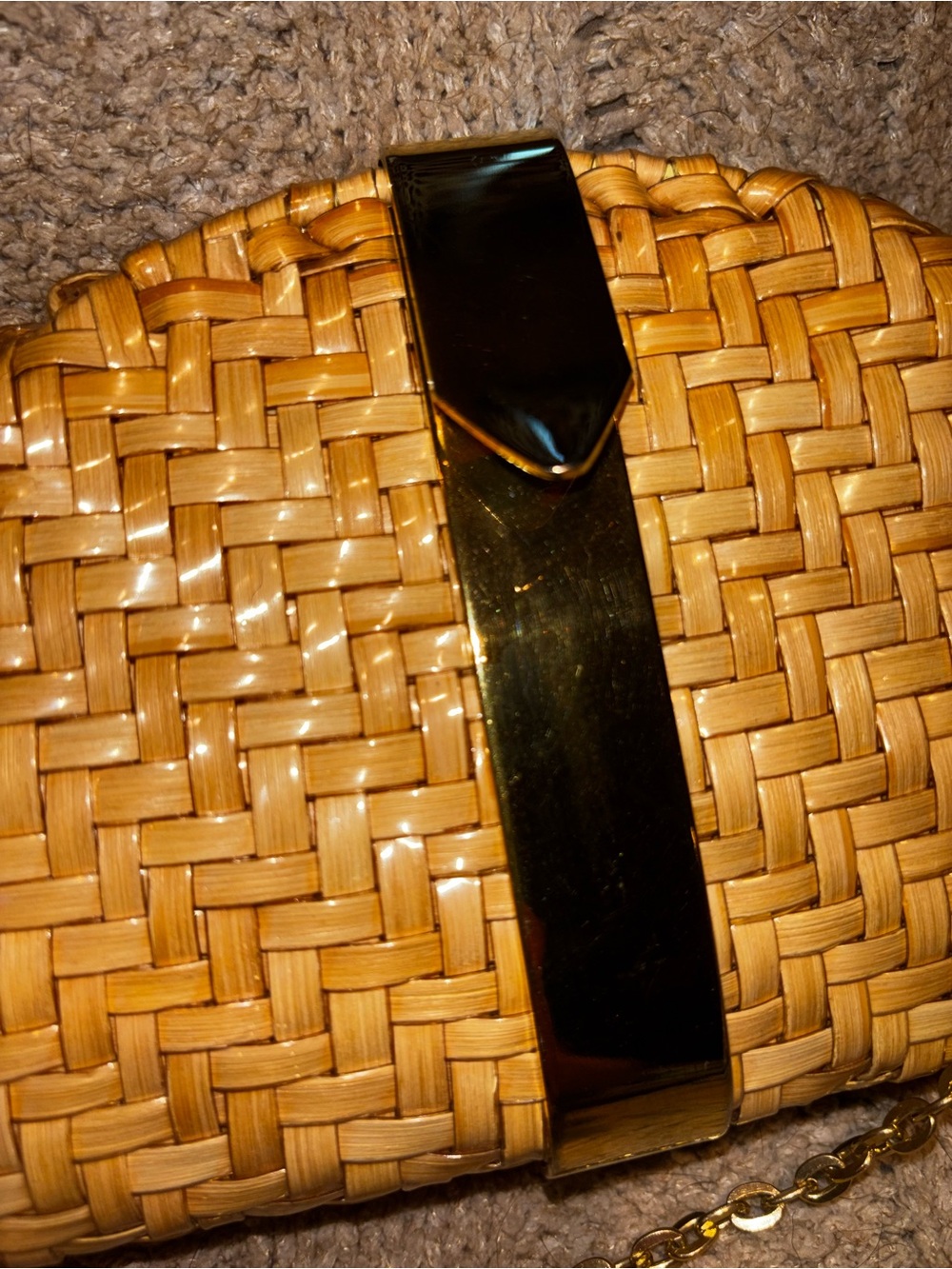 Vintage Ronora Woven Rattan Straw Half Moon Handbag Gold Chain Strap Hong Kong - Picture 3 of 9
